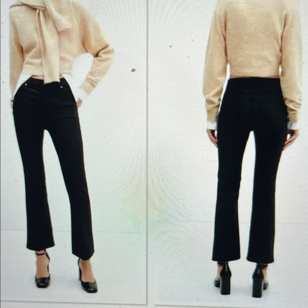 MANGO Sienna High Waisted Cropped Flare Leg Coated Jeans in Black Size 4